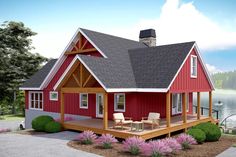 a small red house with a porch and covered patio area next to the lake is shown in this artist's rendering