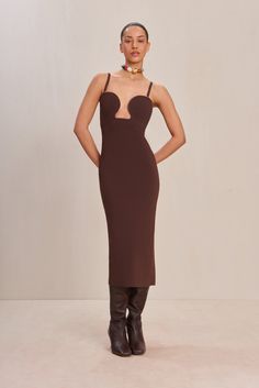 A knit midi dress with a plunging cut out bust, cutout straps and optional shrug. — Midi length — Plunging bust — Removable shrug that can be worn on its own as a top — Adjustable straps Evening Flats, Sandal Platform, Knit Midi, Candle Collection, Knit Midi Dress, White Summer, Fall Collections, Kids' Dresses, Midi Length