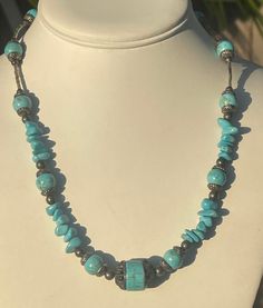 This is a beautiful Turquoise Colored Gemstone Necklace, I would imagine it is some type of dyed howlite or magnesite but I'm not sure Exactly what it is but it has the definite appearance of turquoise. The necklace has the full length measurement of 22.75 inches long with the adjustability of about 2.5 inches. Please see photos for approximate sizes and further details. Bohemian Howlite Beaded Necklace With Gemstone Beads, Turquoise Necklace With Gemstone Beads For Healing, Bohemian Howlite Gemstone Beaded Necklaces, Adjustable Polished Turquoise Bead Necklace, Vintage Beaded Necklaces With Natural Turquoise Stones, Bohemian Beaded Howlite Necklaces, Vintage Turquoise Gemstone Beaded Necklaces, Vintage Turquoise Beaded Necklace With Gemstone Beads, Beaded Turquoise Necklace For Jewelry Making