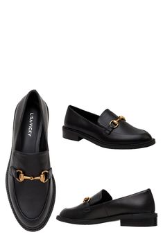 A gleaming metal bit and tonal stitching lend contemporary sophistication to a luxe leather loafer set on a cushioned footbed and low stacked heel. Cushioned footbed Leather upper/synthetic lining/rubber sole Imported Classic Flats With Metal Feet For Work, Office Loafers With Cushioned Footbed, Loafer Women, Gucci Mules, Stacked Heel, Leather Loafers, Loafers For Women, Mule Shoe, Nordstrom Rack