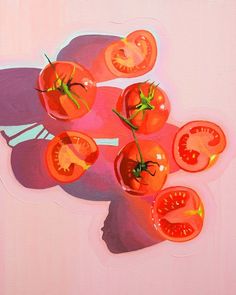 an oil painting of tomatoes on a pink background