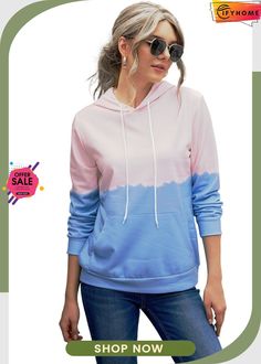 Sky Blue Dip-dye Colorblock Drawstring Hoodie with Pockets Trendy Color Block Hoodie For Spring, Blue Contrast Color Hoodie For Fall, Blue Hooded Hoodie With Contrast Color, Spring Color Block Multicolor Hoodie, Spring Multicolor Color Block Hoodie, Blue Color Block Crew Neck Hoodie, Spring Cotton Color Block Hoodie, Spring Color Block Cotton Hoodie, Casual Multicolor Hoodie With Color Matching