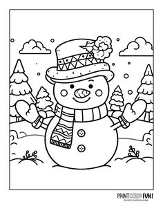 a snowman with a hat and scarf in the winter forest coloring page for kids