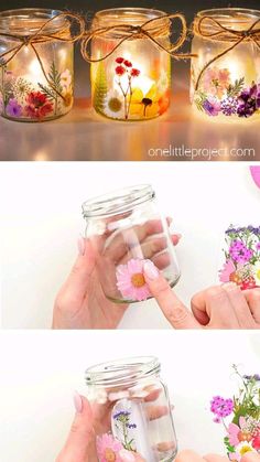 three different images of flowers in mason jars with string and lights on the top one