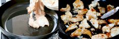 two pictures side by side showing chicken being cooked in a skillet and frying on the stove