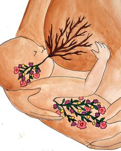 a drawing of a nude woman with flowers on her chest and arms wrapped around the breast