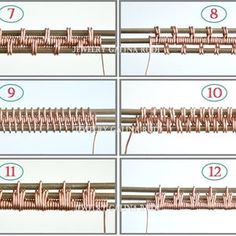 four pictures showing the steps to make an electrical wire curtain with copper colored metal rods