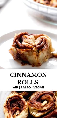 cinnamon roll on a white plate with text overlay