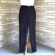 Vintage 1940s 1950s flat front tuxedo pants. These BLACK wool pants feature belt loops, buttons for braces, watch pocket below waistband, satin side seam trim, in seam pockets, back pockets including 1 security pocket. The label at center back "This article Berlou Moth Proofed Guaranteed for 5 years".  Braces buttons are marked Hart, Schaffner & Marx. PLEAE NOTE THESE ARE BLACK DESPITE THE SLIGHTLY BLUE CAST IN SOME PHOTOS. See measurements below to determine fit. Good Condition - There isn't any actual damage such as spots, stains, holes or rips although there is some wear of the ribbon trim edge near the right side seam pocket. Measurements (these are garment measurements - please be sure to allow adequate wearing ease) Trousers/Pants Waist:  33" Hip: 46' Inseam:  32.5" Outseam:  43" Tro Black Wool Pants, Watch Pocket, Tuxedo Pants, Trousers Pants, Wool Pants, Ribbon Trim, Trouser Pants, Pants Trousers, Black Wool