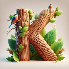 the letter k is made out of wood with birds perched on it and green leaves