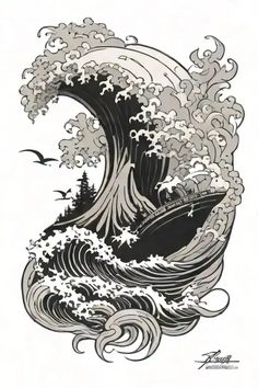 an ink drawing of a boat in the middle of a wave