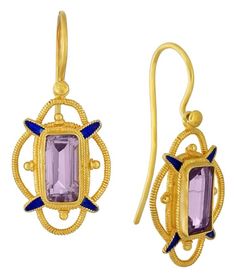 Putting old world sensibilities into this earring design. Scallops of filigree coil and blue enamel points accent a faceted amethyst stone. Crafted by hand, with a 24k gold over sterling silver setting. Hoop backs for pierced ears. Size:1 1/4 Inch. Knot Earrings, Enamel Earrings, Amethyst Earrings, Hand Made Jewelry, Amethyst Stone, Gold Plated Earrings, Gorgeous Earrings, Conflict Free Diamonds, Pierced Ears