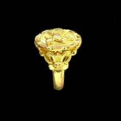 Made of 24k gold. Solid 24k gold, not plated. Open end ring, weighs 5.9g This ring is shaped like a signet ring with intricate floral designs on the face and the side. On the top an oval flower frames a songbird on a branch of blossoms. Two sides are corinthian pillar like designs that forms into a ring.  This ring is open ended which means the size is adjustable. Please be gentle and adjust slowly. You can also let me know your size and I will adjust the size before shipping. Corinthian Pillar, Flower Frames, Open Ended, Flower Frame, Floral Designs, Signet Ring, Rings Statement, Favorite Jewelry, Statement Rings