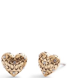 From COACH&#x2C; these earrings feature:Heart Stud Earrings Brass/Glass crystal/TitaniumApprox. 0.4 L x 0.4 WClosure Post backQuilted signature sculpted C motif and delicate crystal stone accentsHypoallergenic titanium postsIncludes signature COACH jewelry pouchImported. Designer Heart-shaped Earrings As Gift, Elegant Coach Heart Shaped Jewelry, Gold Crystal Heart Earrings, Coach Elegant Heart Jewelry, Gold Heart Shaped Crystal Earrings, Elegant Coach Heart-shaped Jewelry, Coach Heart-shaped Gold Jewelry, Coach Elegant Heart-shaped Jewelry, Coach Gold Heart-shaped Jewelry