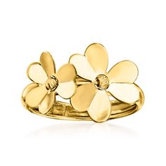 Ross-Simons - Italian 14kt Yellow Gold Flower Ring Size 5. Crafted in Italy, two beautiful blooms glisten in polished 14kt yellow gold. This ring is the perfect feminine touch to an everyday look. 3/8" wide. 14kt yellow gold flower ring. Daisy Ring Engagement, Essential Jewelry, Jewelry Presentation, Gold Ring For Women, Gold Flower Ring, Jewelry Styles, Floral Studs, Turquoise Flowers, Trendy Ring