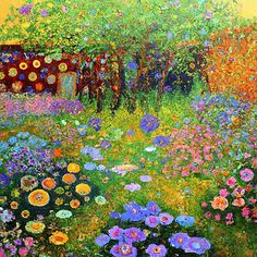 an oil painting of colorful flowers and trees