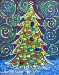 a painting of a christmas tree with swirls and balls on it's bottom