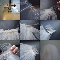 several pictures showing how to make a veil with tulle and hair clippings