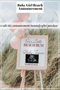 editable digital pregnancy announcement summer baby announcement- baby girl beach announcement theme Framed Ultrasound, Theme Gender Reveal Ideas, Beach Announcement, Beach Balloons, Announcement Photoshoot, Pregnancy Announcement Photoshoot, Its A Girl Announcement