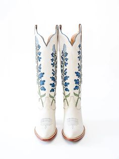 White Block Heel Bluebonnet Floral Embroidered Knee Cowboy Boots White Block Heels, Cowgirl Boot, Prom Heels, Tall Boot, March 2024, Blue Heels, Wide Calf Boots, Blue Bonnets, Wide Boots