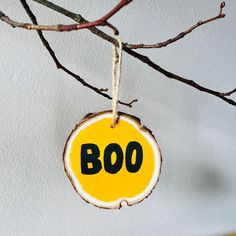 a wooden ornament with the word boo hanging from a tree branch in front of a white wall