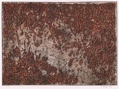 an abstract painting with red and brown colors