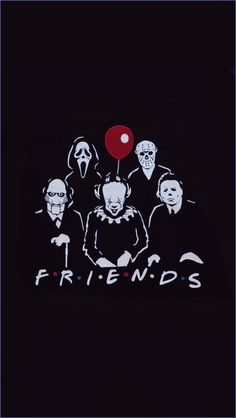 a group of people standing next to each other in front of a red balloon with the word friends written on it