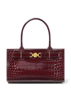 burgundy lambskin/calf leather embossed crocodile effect Medusa Head motif magnetic fastening gold-tone hardware two top handles main compartment internal slip pocket Versace Bag Aesthetic, Chloe 2024, Luxury Wishlist, Versace Bag, Aesthetic 2024, Medusa Head, Versace Bags, Chanel 2, Bag Collection