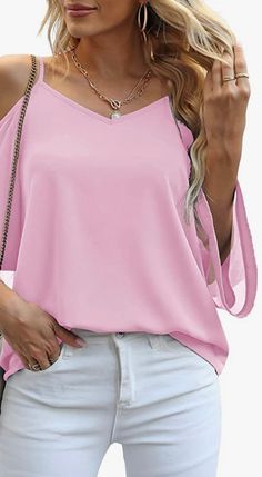 Stay on-trend this summer with our beautiful Cold Shoulder Blouse, featuring 3/4 bell sleeves with sheer detail. It's the perfect choice for pairing with white jeans on vacation or for a stylish Saturday night out. This blouse also includes adjustable straps for a customizable fit. Crafted from 100% polyester, it offers both style and ease of care. Elevate your summer wardrobe with this chic and versatile top. Trendy Cold Shoulder Summer Blouse, Summer Cold Shoulder Blouse For Day Out, Trendy Summer Blouse With Half Sleeves, Trendy Half Sleeve Spring Blouse, Summer Half Sleeve Tops For Day Out, Spring Vacation Cold Shoulder Tops, Solid 3/4 Sleeve Blouse For Summer, Summer Blouse With 3/4 Sleeve In Solid Color, Cold Shoulder Summer Tops For Vacation