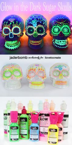 glow in the dark sugar skulls with neon colors on them and text overlay that says glow in the dark sugar skulls