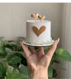 a hand holding a white cake with gold hearts on top and greenery in the background