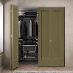 an open closet with clothes hanging on the shelves and two doors opened to reveal another room