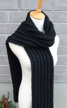 "This beautiful hand knitted scarf is made with Super Bulky and Soft Wool Blend Yarn (50% wool, 50% acrylic). Classic ribbed pattern, it looks the same on both sides. The scarf can be worn in multiple ways. Amazing color for the fall/winter season. It goes with everything. The color may appear slightly different on different monitors. Measures: 75\" (190 cm) long x 8\" (20 cm) wide. From a smoke-free home. Care instructions: Hand wash in cool water and dry flat." Black Wool Scarf, Arm Knitting Scarf, Hand Knitted Scarf, Burgundy Scarf, Bulky Knit, Chunky Knit Scarves, Brown Scarves, Crochet Infinity Scarf, Purple Scarves