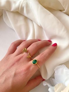 This minimalist adjustable ring is made of stainless steel, lead and nickel free, plated with 14k gold and set with imitation malachite stone. (mix of natural stone, dyes and resin) A dreamy adjustable ring you will not regret adding to your jewelry box! Find Rose ring here: https://www.etsy.com/uk/listing/1020621839/rose-adjustable-gold-ring-nature?click_key=073519728126ec8171d1ac09573386f418e7828c%3A1020621839&click_sum=9ecbe9cc&ga_search_query=ring&ref=shop_items_search_3&frs=1&sts=1 Find Mal Adjustable Emerald Open Ring, Adjustable Open Emerald Ring, Trendy Oval Rings For Gifts, Gold Oval Adjustable Midi Rings, Gold Adjustable Oval Midi Rings, Adjustable Gold Oval Midi Rings, Adjustable Oval Gold Midi Rings, Adjustable Minimalist Emerald Open Ring, Adjustable Oval Emerald Ring For Gift