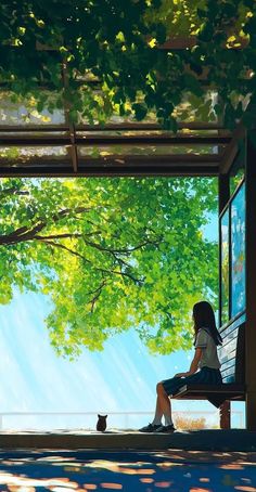 a woman sitting on a bench next to a cat under a tree with green leaves