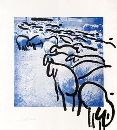 a blue and white drawing of sheep standing in a line with their backs turned to the camera