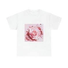 POWDERY PINK ROSE high quality cotton tee is the basic staple of any elegant wardrobe. It is the foundation upon which casual fashion grows.No side seams mean there are no itchy interruptions under the arms. The shoulders have tape for improved durability. .: 100% cotton  .: Medium fabric  .: Classic fit .: Tear-away label .: Runs true to size White Cotton T-shirt With Rose Print, Pink Rose Print Crew Neck T-shirt, Spring Rose Print Short Sleeve T-shirt, Spring Cotton T-shirt With Rose Print, Pink Rose Print T-shirt For Summer, Trendy Rose Print T-shirt For Spring, Cotton Crew Neck Top With Rose Print, Casual Pink Rose Print T-shirt, Casual Pink T-shirt With Rose Print