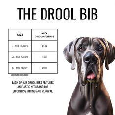 a large brown dog standing next to a white sign with the words the drool bib