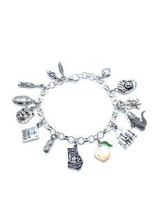 New. This Bracelet makes a perfect gift  has 14 Georgia themed Charms.  Stainless Steel bracelet has a lobster clasp closure measures approx 8" bracelet and charms are silver tone alloy and steel. Charms measure approx 1/2" - 1" in size charms include Feather, Dreamcatcher, Soda Bottle (famous soda was born in Georgia), Football, Bulldog, Bible, Peanut, Georgia Map, Peach ( silver tone and enamel peach and green color), Beach Cairs, Aligator, Sea Turtle, Baseball Glove and Ball, Small Puffy Hear Novelty Silver Hypoallergenic Bracelets, Adjustable Hypoallergenic Metal Charms, Adjustable Novelty Charm Bracelet With Lobster Clasp, Novelty Silver Hypoallergenic Charm Bracelet, Silver Metal Novelty Bracelets, Themed Silver Metal Charms, Silver Novelty Charm Bracelet With Lobster Clasp, Silver Novelty Metal Charm Bracelet, Novelty Silver Metal Charm Bracelet