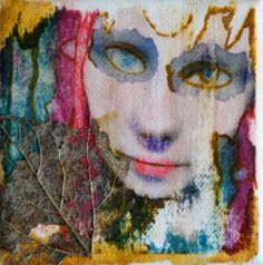 an altered photograph of a woman's face with leaves in front of her and the background is multicolored