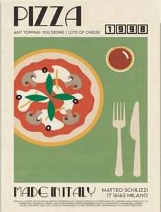 an advertisement for a pizza with toppings on the plate and utensils next to it