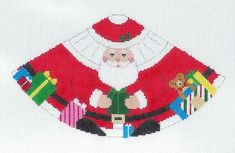 a cross stitch santa clause with presents on it's chest and hands in his pockets