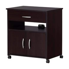 a wooden entertainment center with two doors and wheels on casteors, in dark brown