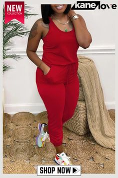 Red Fashion Casual Solid Basic O Neck Regular Jumpsuits Casual Sleeveless Jumpsuits And Rompers, Red Sleeveless Jumpsuits And Rompers, Red Solid Color Jumpsuits And Rompers For Summer, Red Jumpsuits And Rompers For Summer, Casual Red Solid Color Jumpsuits And Rompers, Casual Red Jumpsuit And Romper, Casual Red Jumpsuits And Rompers, Red Overall Jumpsuit With Pockets, Red Solid Color Jumpsuits And Rompers For Spring