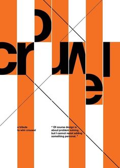 an orange and white poster with the words cru in black on it's side