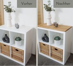 two white shelves with wicker baskets and vases on them, both displaying plants