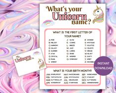 the unicorn name game is shown on top of a pink and blue background with an image of