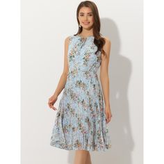 Let your wardrobe bloom with this stunning floral dress. The pleated hem adds a playful, flowing touch to this chiffon dress. Pair it with flats for a relaxed, effortless look. It's ideal for vacations or weekend gatherings. For a more sophisticated style, pair it with sandals. Suitable for daily wear, vacations, weekends, dates, outdoor weddings, and more. Features a lovely floral print, a tie-neck, chiffon fabric, regular fit, and a sleeveless design with a pleated hem. A-line Sleeveless Dress With Pleated Hem For Spring, Blue Pleated Dress For Spring, Blue Pleated Dress With Pleated Hem For Spring, Summer Garden Party Dress With Pleated Hem, Spring Blue Pleated Dress, Spring A-line Sleeveless Dress With Pleated Hem, Spring A-line Sleeveless Dress With Pleated Waist, Spring Floral Midi Dress With Pleats, Spring Floral Pleated Midi Dress