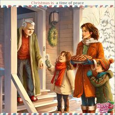 an old man and two young children are coming out of the house with their presents