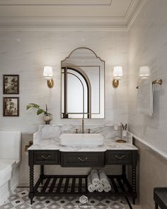 a bathroom with a sink, mirror and toilet